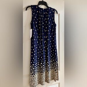 NWT Perceptions Sleeveless Pleated Navy Blue Dress White Yellow Polka Dot Small